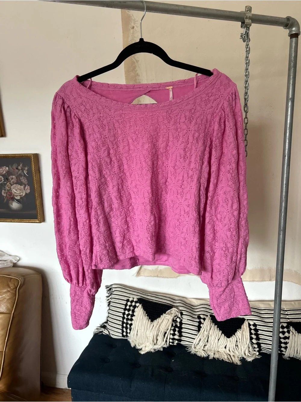 Free People Pink Lace Long-Sleeve puff Blouse